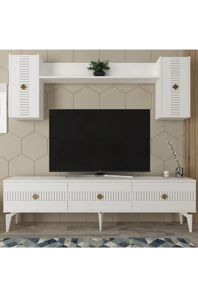 Cantek Dizayn Midas Tv Ünitesi Takımı Beyaz-Altın