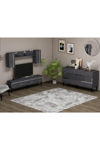 Cantek Dizayn İppek 180 Cm Tv Ünitesi Ve Konsol 2'Li Salon Takımı Antrasit-Gümüş