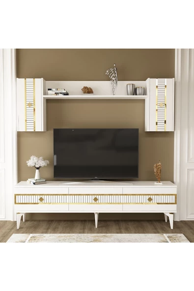 Cantek Dizayn Nova Tv Ünitesi Takımı Beyaz-Altın