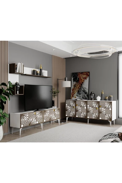 Cantek Dizayn Tucas Tv Ünitesi Ve Konsol 2'Li Salon Takımı Beyaz- (Ceviz Desen)