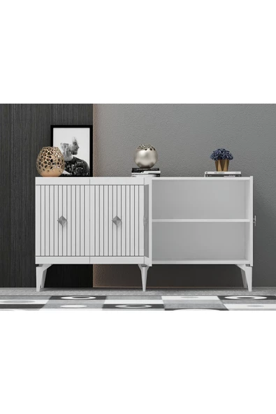 Cantek Dizayn Midas 180 Cm Tv Sehpası (Alt Modül) Ve 4 Kapaklı Konsol 2'Li Salon Takımı Beyaz-Gümüş - 8