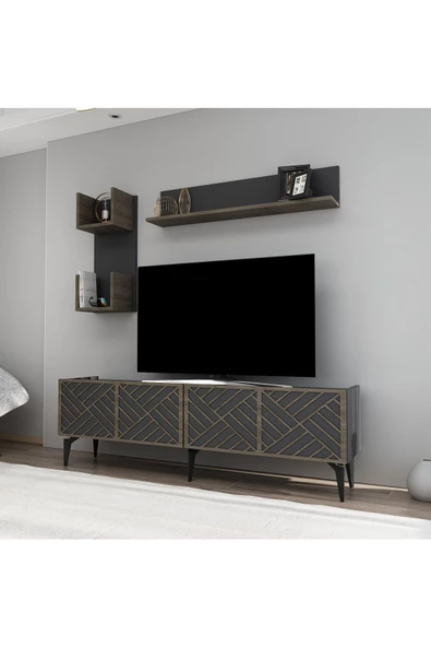 Cantek Dizayn Grace Tv Ünitesi Takımı Antrasit-(Ceviz Desen)