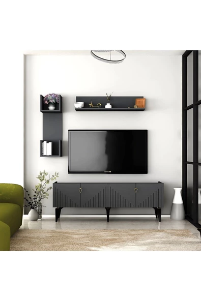 Cantek Dizayn Medda Tv Ünitesi Takımı Antrasit-Altın