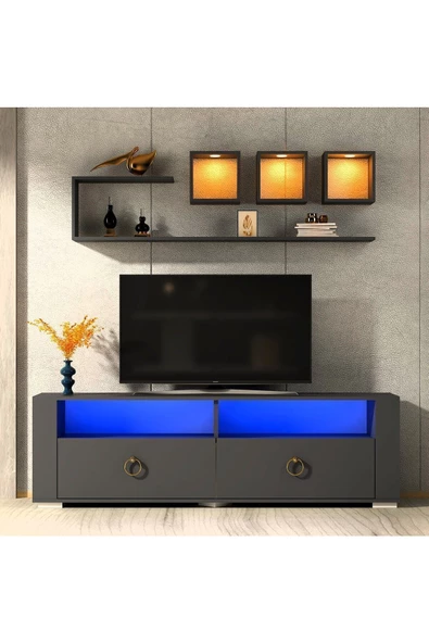 Cantek Dizayn Kleinn Led Aydınlatmalı ,Spot Işıklı Tv Ünitesi Takımı Antrasit-Altın