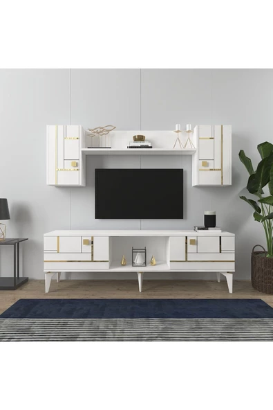 Cantek Dizayn Maddera 150 Cm  Tv Ünitesi Takımı Beyaz-Altın