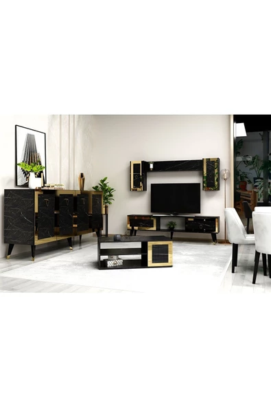 Cantek Dizayn Bora Tv Ünitesi, Orta Sehpa Ve Konsol 3'Lü Salon Takımı Royalmermer-Altın