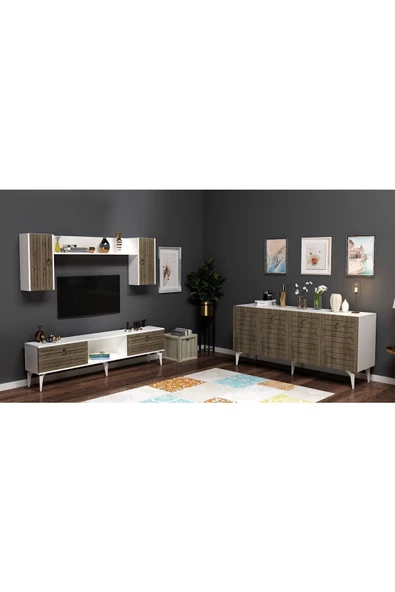 Cantek Dizayn Arrona Tv Ünitesi Ve Konsol 2'Li Salon Takımı Beyaz-Ceviz