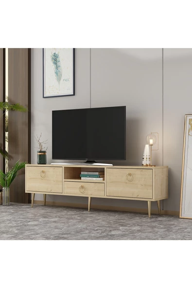 Cantek Dizayn Droop Tv Ünitesi 2 Kapaklı, Raflı Ve Çekmeceli Safirmeşe-Altın