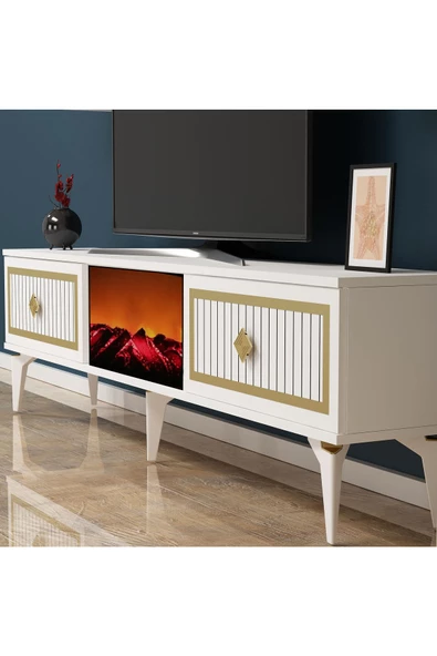 Cantek Dizayn Nil Şömineli Tv Sehpası Beyaz-Altın - 2