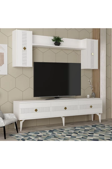 Cantek Dizayn Midas Tv Ünitesi Takımı Beyaz-Altın - 2