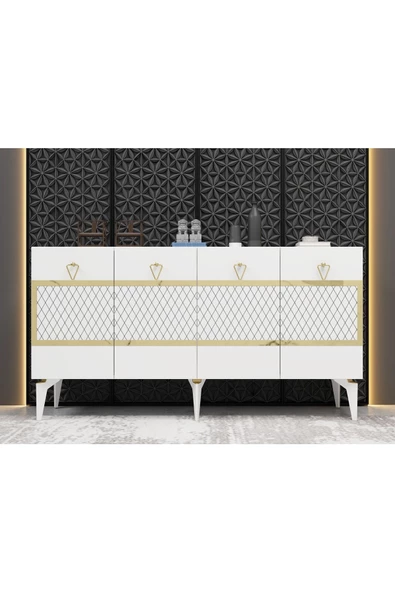 Cantek Dizayn İppek 180 Cm Tv Ünitesi Ve Konsol 2'Li Salon Takımı Beyaz-Altın - 3