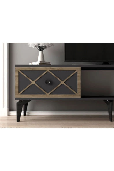 Cantek Dizayn Helen Tv Ünitesi Takımı Antrasit-(Ceviz Desen) - 3