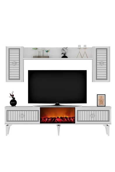 Cantek Dizayn Nil Şömineli Tv Ünitesi Beyaz-Gümüş - 3