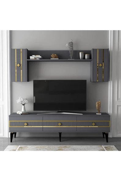 Cantek Dizayn Nova Tv Ünitesi Takımı Antrasit-Altın