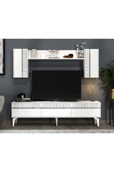 Cantek Dizayn Defne 180 Cm Tv Ünitesi Takımı Beyaz-Gümüş - 2