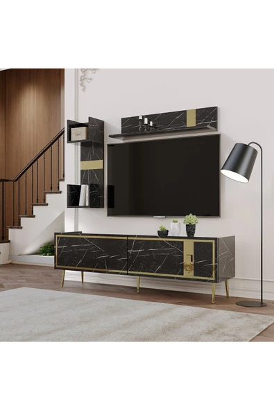 Cantek Dizayn Brice Tv Ünitesi Takımı Royalmermer-Altın - 2