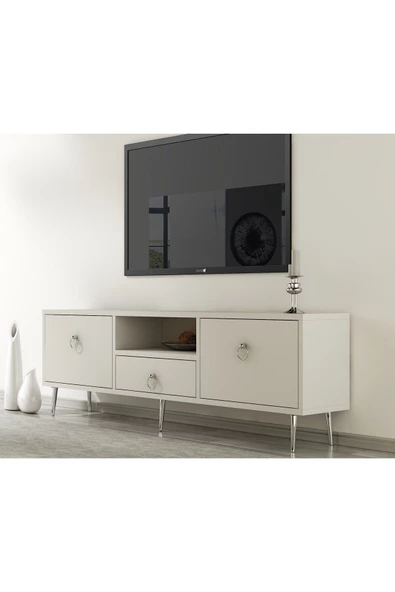 Cantek Dizayn Droop Tv Ünitesi 2 Kapaklı, Raflı Ve Çekmeceli Beyaz-Gümüş