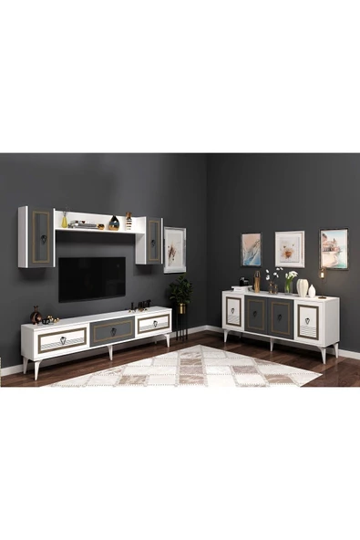 Cantek Dizayn Assya 180 Cm Tv Ünitesi Ve Konsol 2'Li Salon Takımı Beyaz-Antrasit-Ceviz