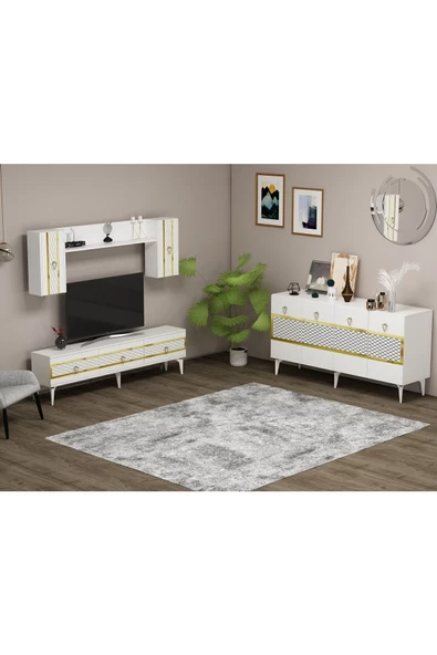 Cantek Dizayn İppek 180 Cm Tv Ünitesi Ve Konsol 2'Li Salon Takımı Beyaz-Altın