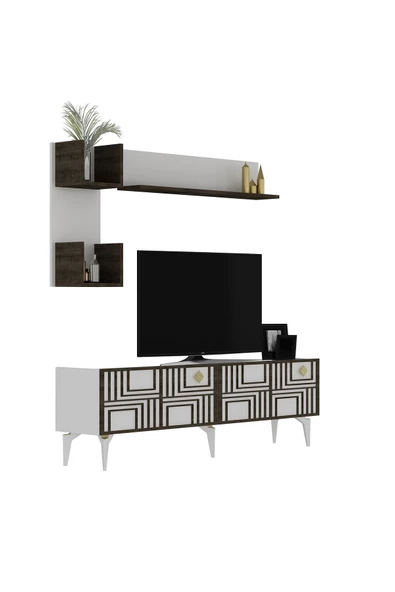 Cantek Dizayn Pine Tv Ünitesi Takımı Beyaz-(Ceviz Desen) - 4