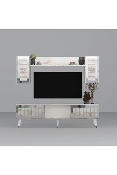 Cantek Dizayn Bora Tv Ünitesi, Orta Sehpa Ve Konsol 3'Lü Salon Takımı Efesmermer-Gümüş - 6