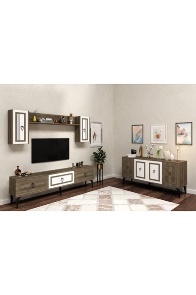 Cantek Dizayn Assya 180 Cm Tv Ünitesi Ve Konsol 2'Li Salon Takımı Ceviz-Beyaz-Ceviz
