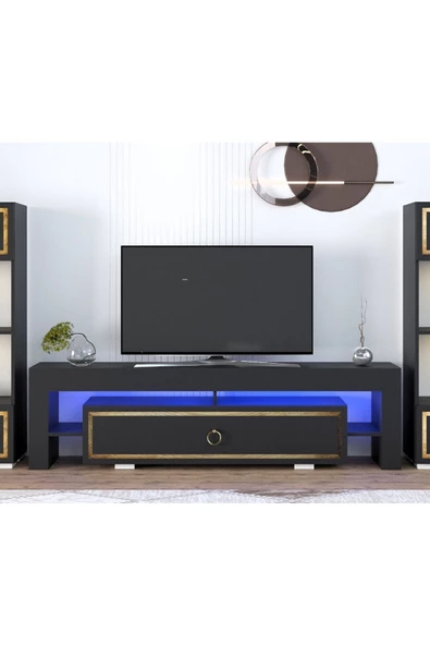 Cantek Dizayn Lissa Ledli Tv Sehpası Antrasit-Altın