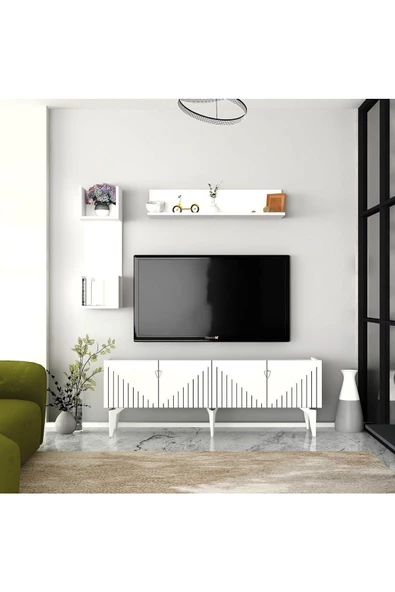 Cantek Dizayn Medda Tv Ünitesi Takımı Beyaz-Gümüş