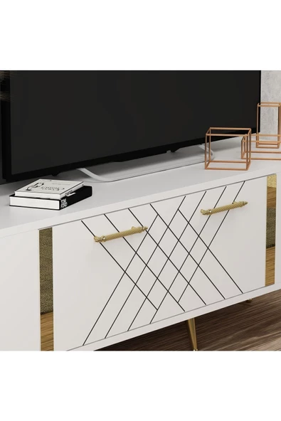 Cantek Dizayn Lazer Desenli 150 Cm Detas Tv Ünitesi Beyaz-Altın - 3