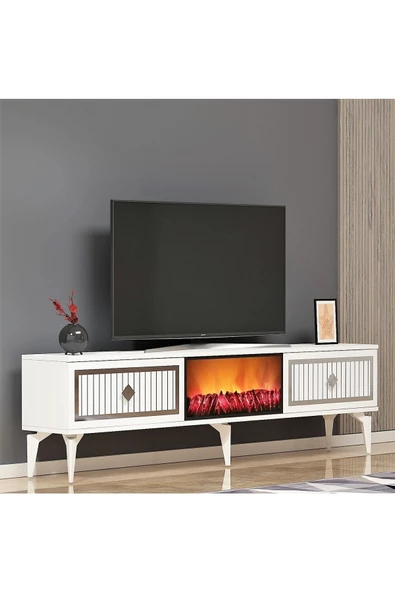 Cantek Dizayn Flame Şömineli Tv Sehpası (Alt Modül) Beyaz-Gümüş - 4