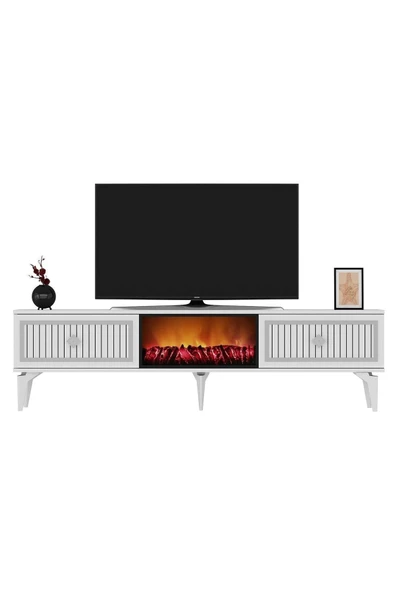 Cantek Dizayn Flame Şömineli Tv Sehpası (Alt Modül) Beyaz-Gümüş - 5