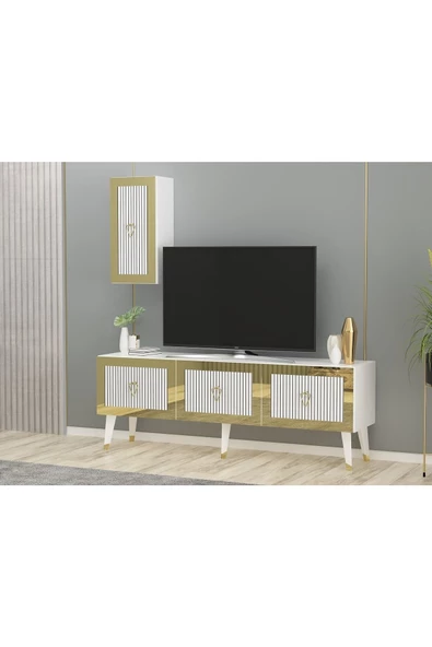 Cantek Dizayn Lazer Desenli 150 Cm Bare Tv Ünitesi Beyaz-Altın - 2
