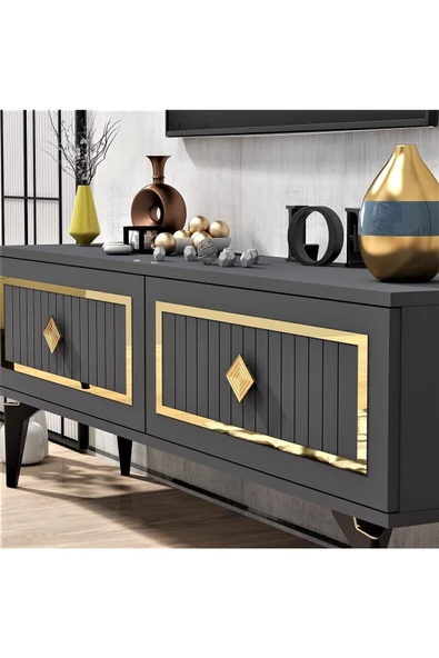 Cantek Dizayn 120 Cm Venna Tv Ünitesi Antrasit-Altın - 5