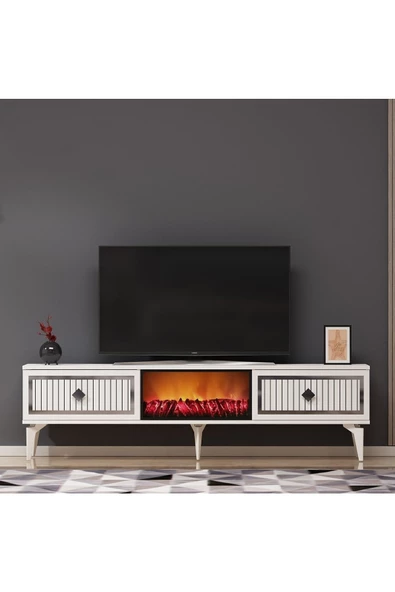 Cantek Dizayn Flame Şömineli Tv Sehpası (Alt Modül) Beyaz-Gümüş