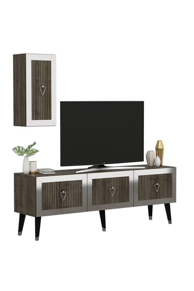 Cantek Dizayn Lazer Desenli 150 Cm Bare Tv Ünitesi Ceviz-Gümüş - 4