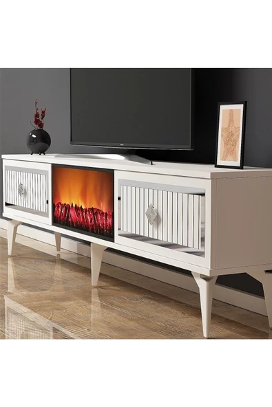 Cantek Dizayn Flame Şömineli Tv Sehpası (Alt Modül) Beyaz-Gümüş - 3