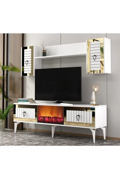 Cantek Dizayn Linda Şömineli Tv Ünitesi Takımı Beyaz-Altın - 2