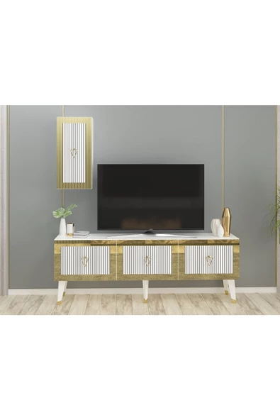Cantek Dizayn Lazer Desenli 150 Cm Bare Tv Ünitesi Beyaz-Altın