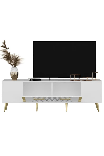 Cantek Dizayn Lazer Desenli 150 Cm Detas Tv Ünitesi Beyaz-Altın - 5