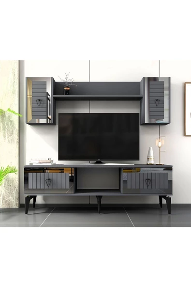 Cantek Dizayn Linda Raflı Tv Ünitesi Takımı Antrasit-Gümüş