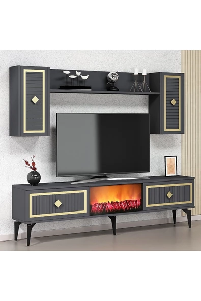 Cantek Dizayn Flame Şömineli Tv Ünitesi Takımı Antrasit-Altın - 2
