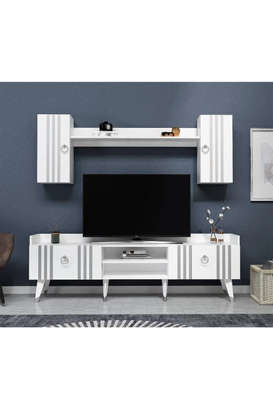 Cantek Dizayn Raflı 180 Cm Işıl Tv Ünitesi Beyaz-Gümüş
