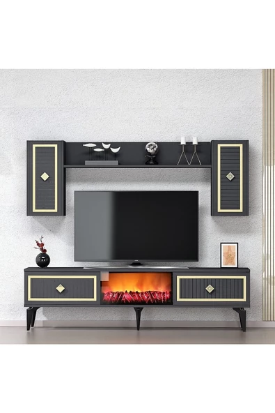 Cantek Dizayn Flame Şömineli Tv Ünitesi Takımı Antrasit-Altın
