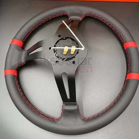 Momo Direksiyon Kırmızı İpli Siyah Göbek 35cm Ofsetli Model Deri - 7