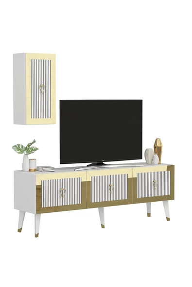 Cantek Dizayn Lazer Desenli 150 Cm Bare Tv Ünitesi Beyaz-Altın - 3