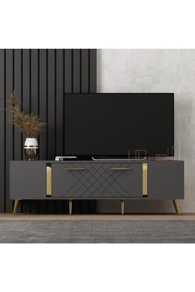 Cantek Dizayn Lazer Desenli 150 Cm Detas Tv Ünitesi Antrasit-Altın