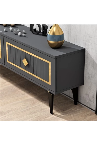 Cantek Dizayn 120 Cm Venna Tv Ünitesi Antrasit-Altın - 4
