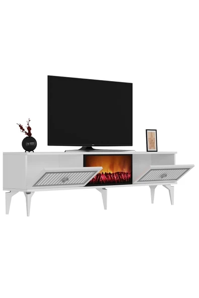 Cantek Dizayn Flame Şömineli Tv Sehpası (Alt Modül) Beyaz-Gümüş - 6