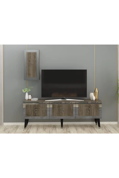 Cantek Dizayn Lazer Desenli 150 Cm Bare Tv Ünitesi Ceviz-Gümüş