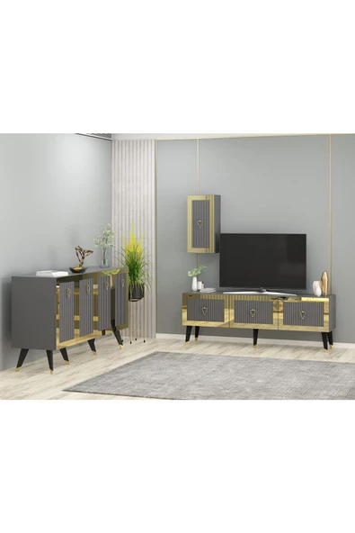 Cantek Dizayn Bare Tv Ünitesi, Orta Sehpa Ve Konsol 3'Lü Salon Takımı Antrasit-Altın - 3